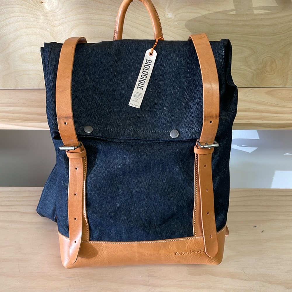 Nudie jeans Peterson dry denim backpack.